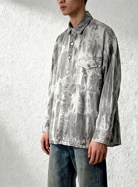 ABLE JEANS扎染牛仔长袖衬衫男秋冬款休闲外套青年宽松潮流牛仔衫