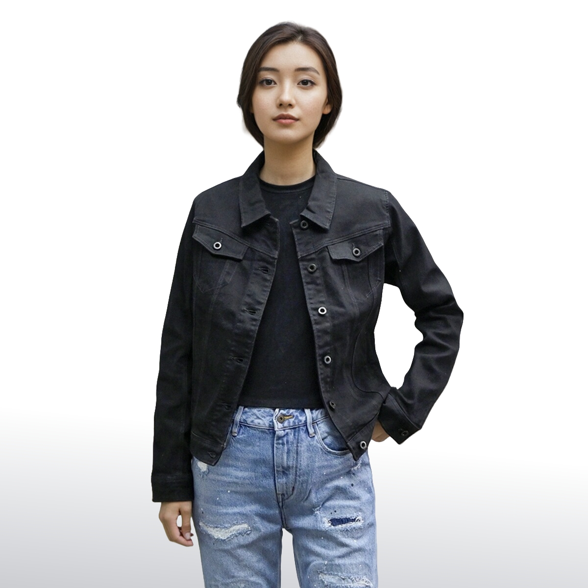 修身黑色牛仔夹克ablejeans女外套短款显瘦潮流休闲潮流女式上衣