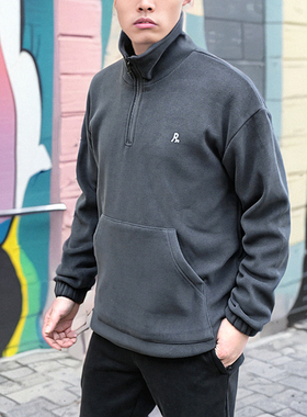 RE冬季加绒卫衣新款半高领潮流袋鼠兜P绒高街潮牌拉链套头男外套