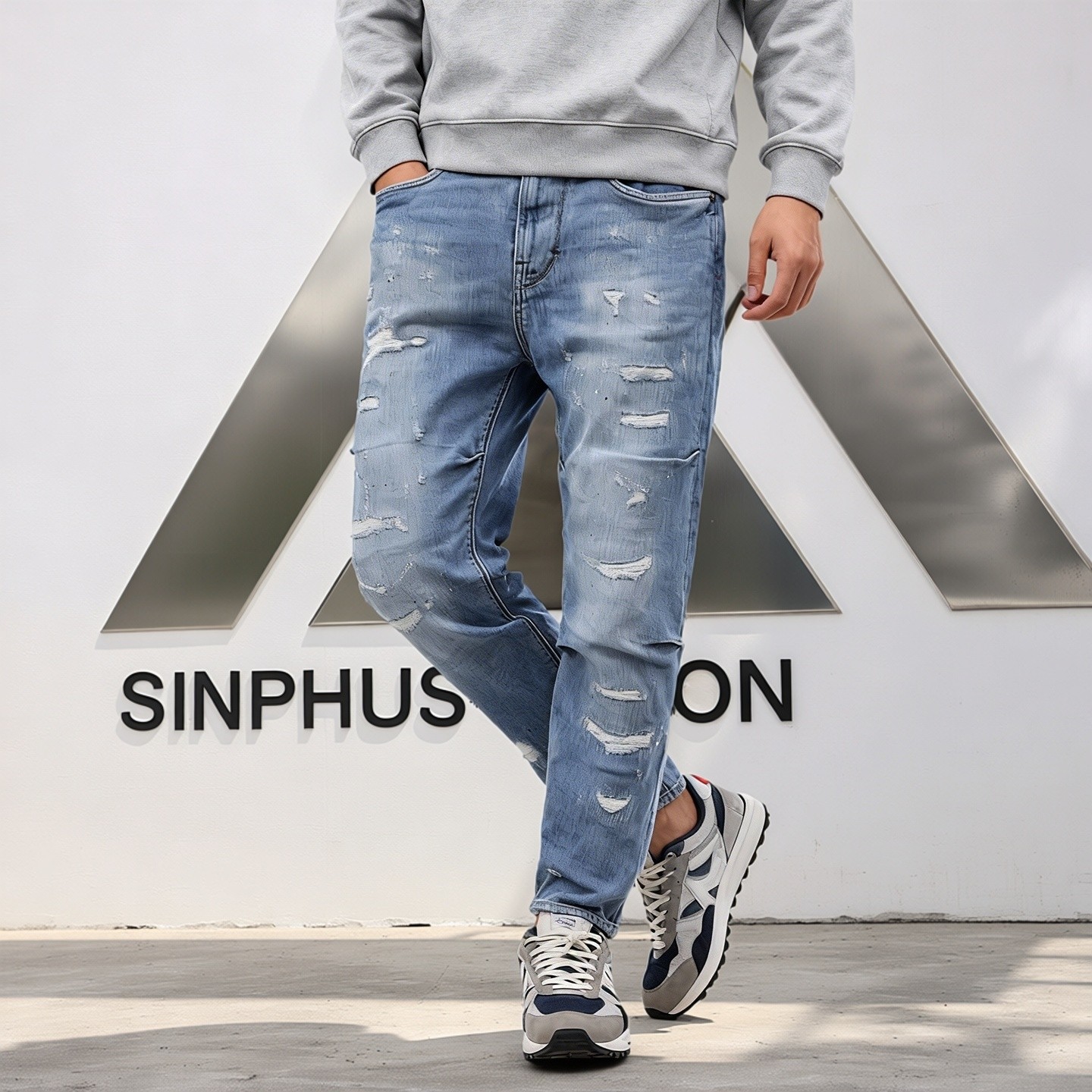 春季新款男裤3D BAGGY立体able jeans牛仔裤泼墨锥形裤潮流破洞裤
