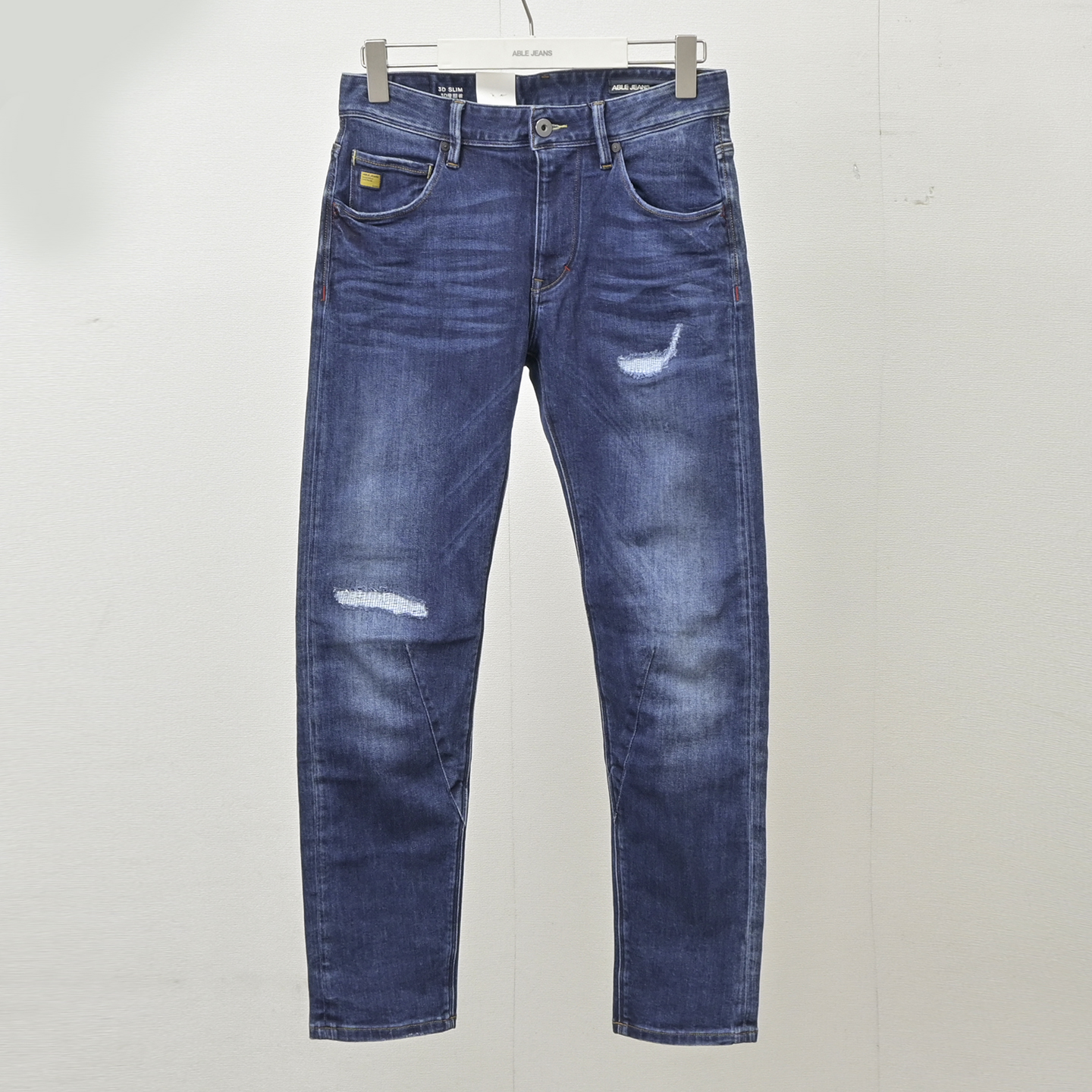 ABLE JEANS男士水洗做旧贴布修身弹力牛仔裤复古休闲小脚瘦腿长裤