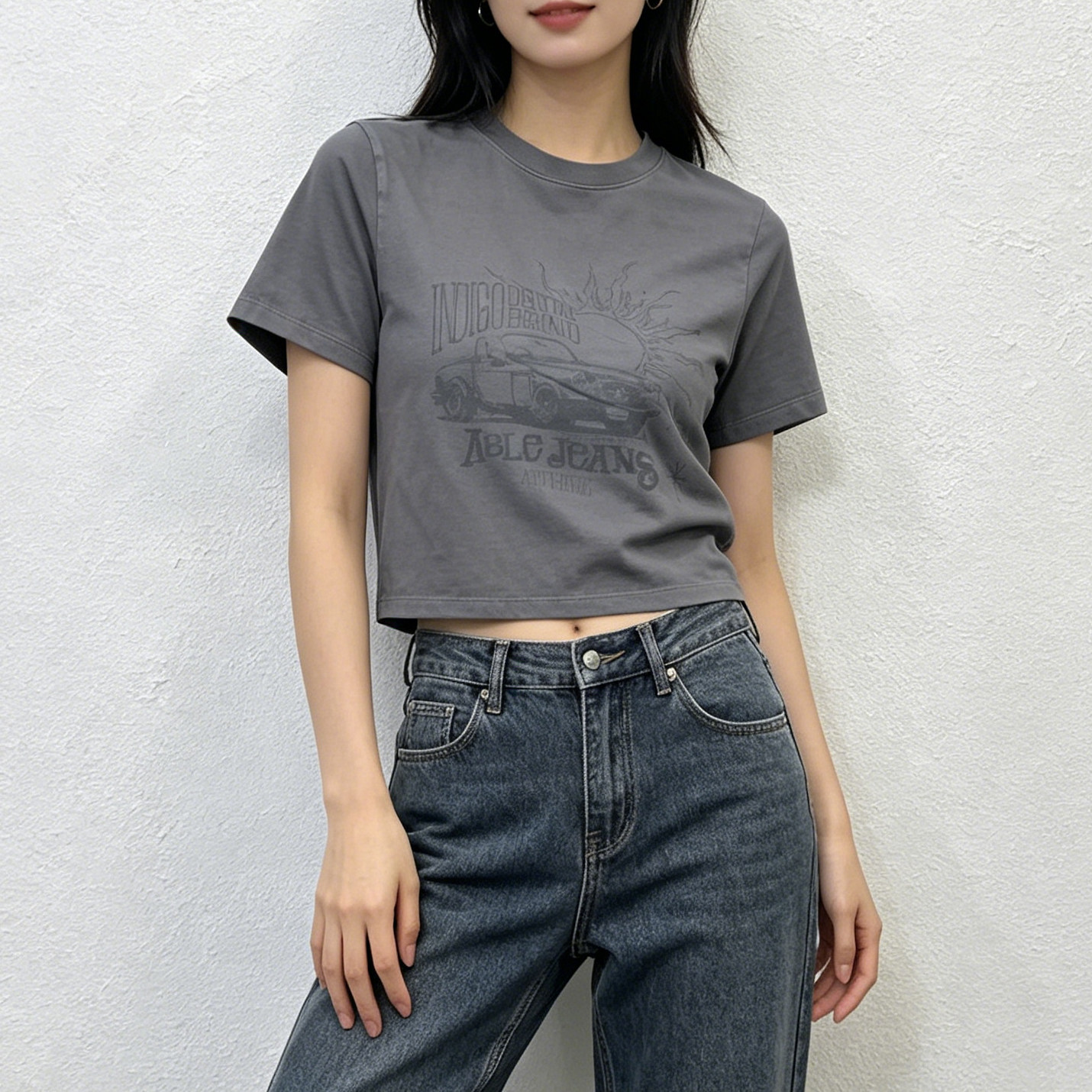 ABLEJEANS水洗印花修身短款T恤