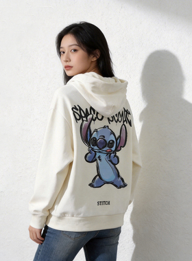 史迪奇ABLE JEANS连帽卫衣奶白色宽松情侣款春秋涂鸦印花休闲外套