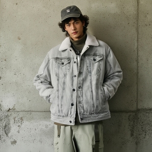 冬季 JEANS男女棉衣潮流翻领休闲宽松上衣 加厚牛仔棉服羊羔绒ABLE