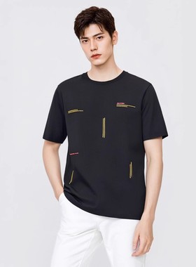 中国想象ABLE JEANS男黑色短袖体恤衫纯棉夏季印花圆领休闲潮流男