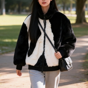 尖货环保水貂绒女棉服ABLE JEANS女外套加厚宽松立领黑白潮流棉衣