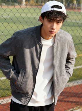 秋季新品ABLE JEANS棒球夹克男外套黑灰牛仔针织休闲复古青年外套