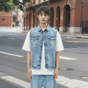 潮流牛仔蓝马甲休闲外套 水洗翻领牛仔背心个性 ABLE JEANS男女同款