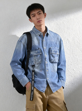 ABLE JEANS牛仔男衬衫春秋新品高端复古水洗做旧工装长袖休闲衬衣