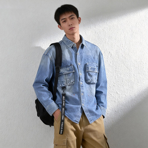 ABLEJEANS复古做旧牛仔男衬衫潮