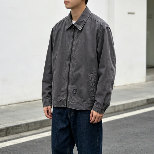 新款样衣水洗牛仔夹克男士宽松翻领休闲春秋外套时尚都市拉链上衣