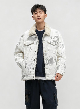 草莓熊联名印花牛仔棉衣ABLE JEANS男女仿羊羔绒夹克冬季潮流棉服