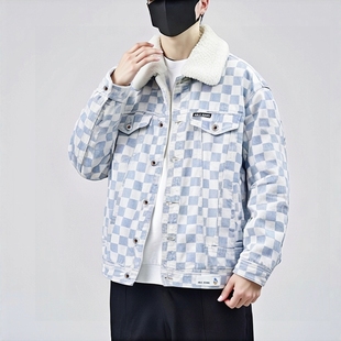 唐老鸭联名棉服男女同款 JEANS冬上衣棋盘格牛仔棉衣宽松外套 ABLE