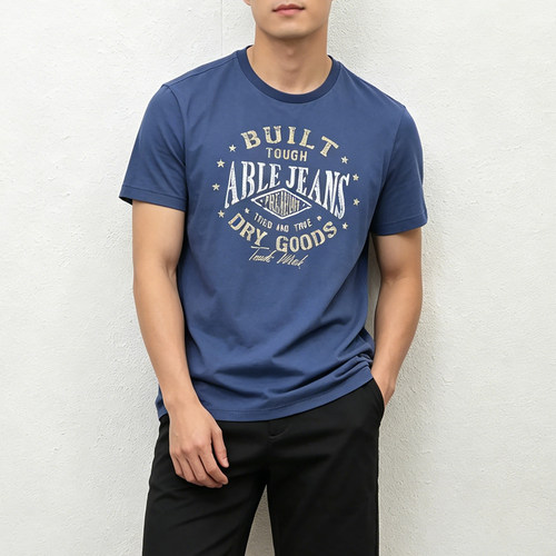 孤品ABLE JEANS短袖T恤男士纯棉圆领休闲潮流印花体恤衫t-shirt