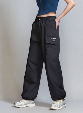 男女阔腿裤薄款ABLE JEANS女休闲裤松紧腰多口袋工装裤黑色束脚裤