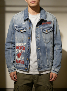 清仓男女同款潮流印花牛仔夹克ABLE JEANS小码男青年修身男女外套