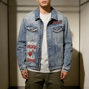 清仓男女同款 JEANS小码 男青年修身 男女外套 潮流印花牛仔夹克ABLE