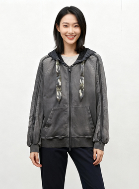 秋季女外套ABLE JEANS连帽拉链开衫夹克针织黑牛仔宽松休闲女大码