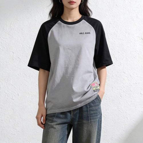 ABLE JEANS女士脏洗圆领短袖t恤纯棉宽松卡通印花体恤上衣夏季