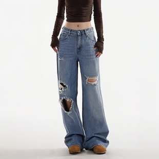 女士牛仔裤 JEANS女潮流拖地长裤 美式 ABLE 复古破洞泼墨阔腿裤 新款
