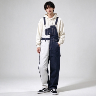 秋季背带牛仔裤男女款撞色宽松休闲连身衣休闲长裤新款时尚原色裤