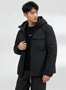 黑色工装羽绒服ABLE JEANS男冬装户外羽绒衣防风多口袋机能男棉服