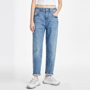 弹力老爹裤 ABLEJEANS女士水洗做旧宽松直筒遮肉显瘦牛仔裤 潮时尚
