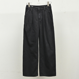 百搭ABLE JEANS 阔腿厚实显瘦长裤 女士水洗黑色高腰通勤拖地牛仔裤