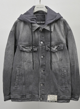 ABLE JEANS男女印绣花牛仔夹克宽松休闲街头中性可脱卸帽春秋外套