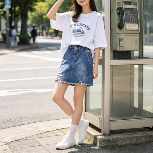 淑女ABLE JEANS夏季短裙女士牛仔裙包臀高腰a字裙水洗破洞半身裙