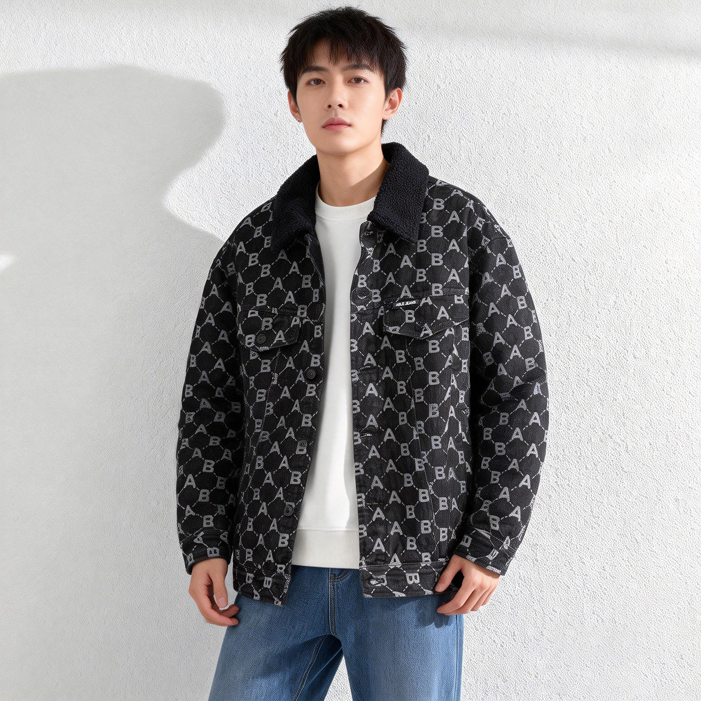 ABLE JEANS男女羊羔绒夹克棉衣潮流棉服AB字母牛仔外套冬季帅气装