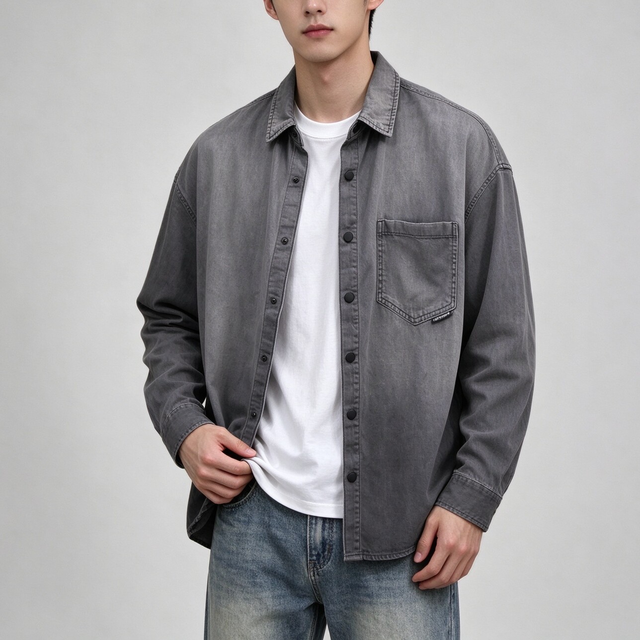 ABLEJEANS复古水洗宽松牛仔衬衫
