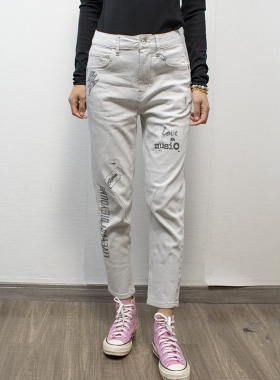 2022超好看中高腰白色牛仔裤ABLE JEANS女锥形裤印花九分提臀裤子
