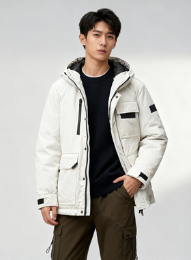 ABLE JEANS三防羽绒服男连帽户外工装多口袋白鸭绒青年潮流外套男