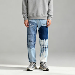 大码男裤ABLE JEANS男牛仔裤解构风拼色宽松直筒滑板裤潮流休闲裤