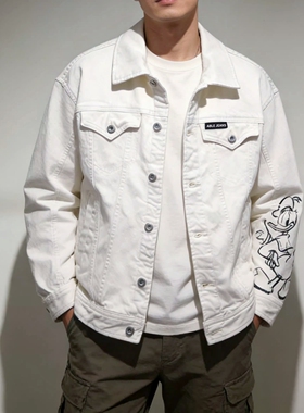 春季白色外套ABLE JEANS牛仔夹克男女翻领印花潮流口袋绣花宽松款