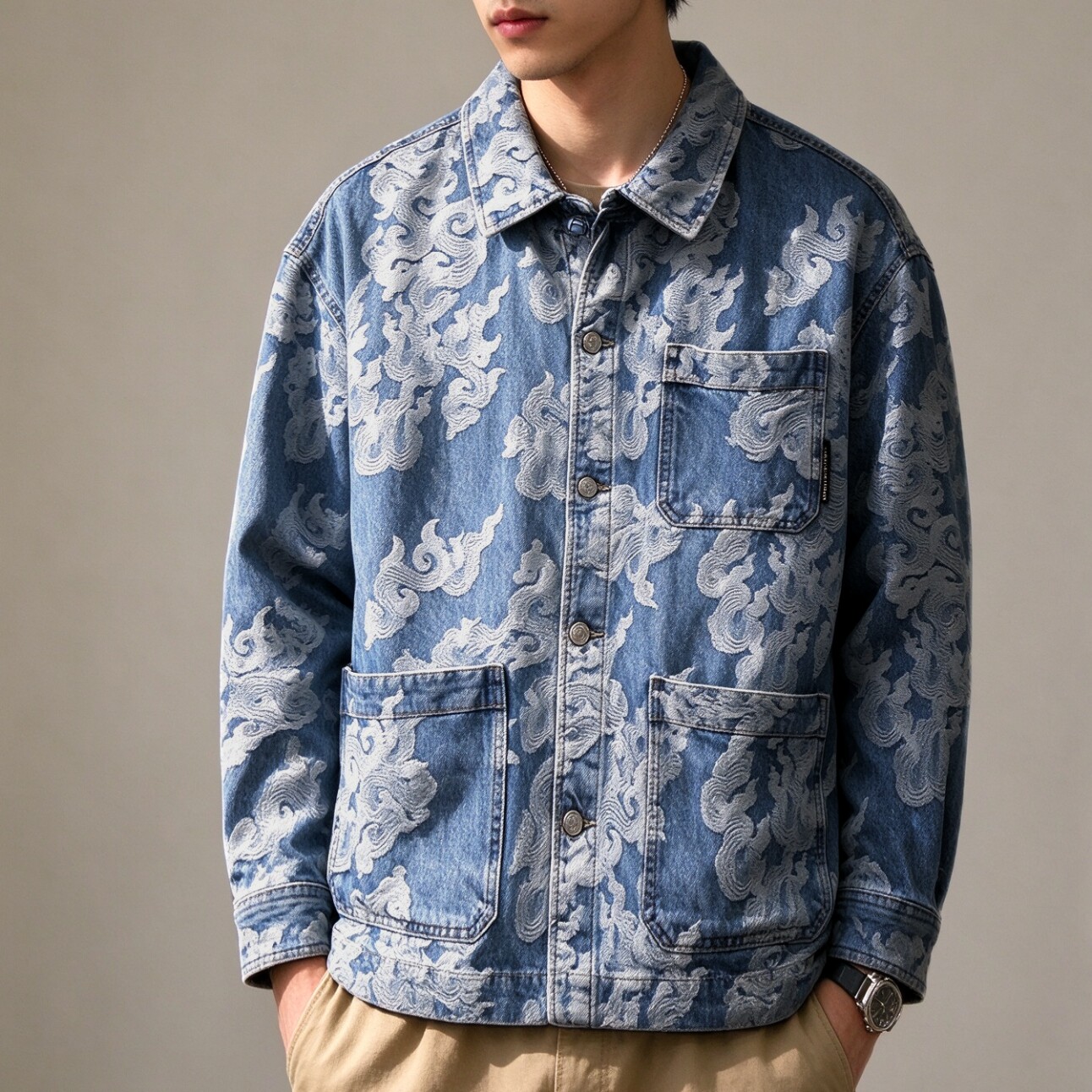 ABLEJEANS祥云高端提花牛仔夹克