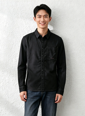 ABLE JEANS新款黑牛仔衬衫男长袖翻领衬休闲秋季衬衣修身显瘦黑色