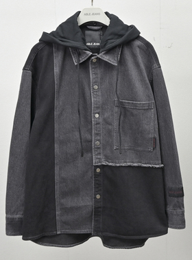 【可拆帽子】牛仔拼接衬衫潮流外套ABLE JEANS牛仔衬衫男印花长袖