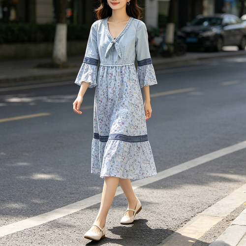雪纺抛抛袖连衣裙ABLE JEANS女裙小码夏季薄款碎花七分袖中长裙子