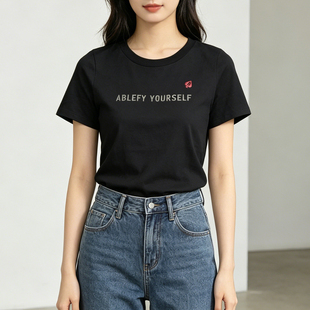 小范老有范夏季专柜女士水洗短袖T恤圆领印花黑色t恤纯棉潮流