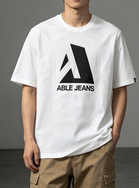 ABLE JEANS短袖T恤明星款男女大A印花圆领纯棉宽松休闲白色体恤衫