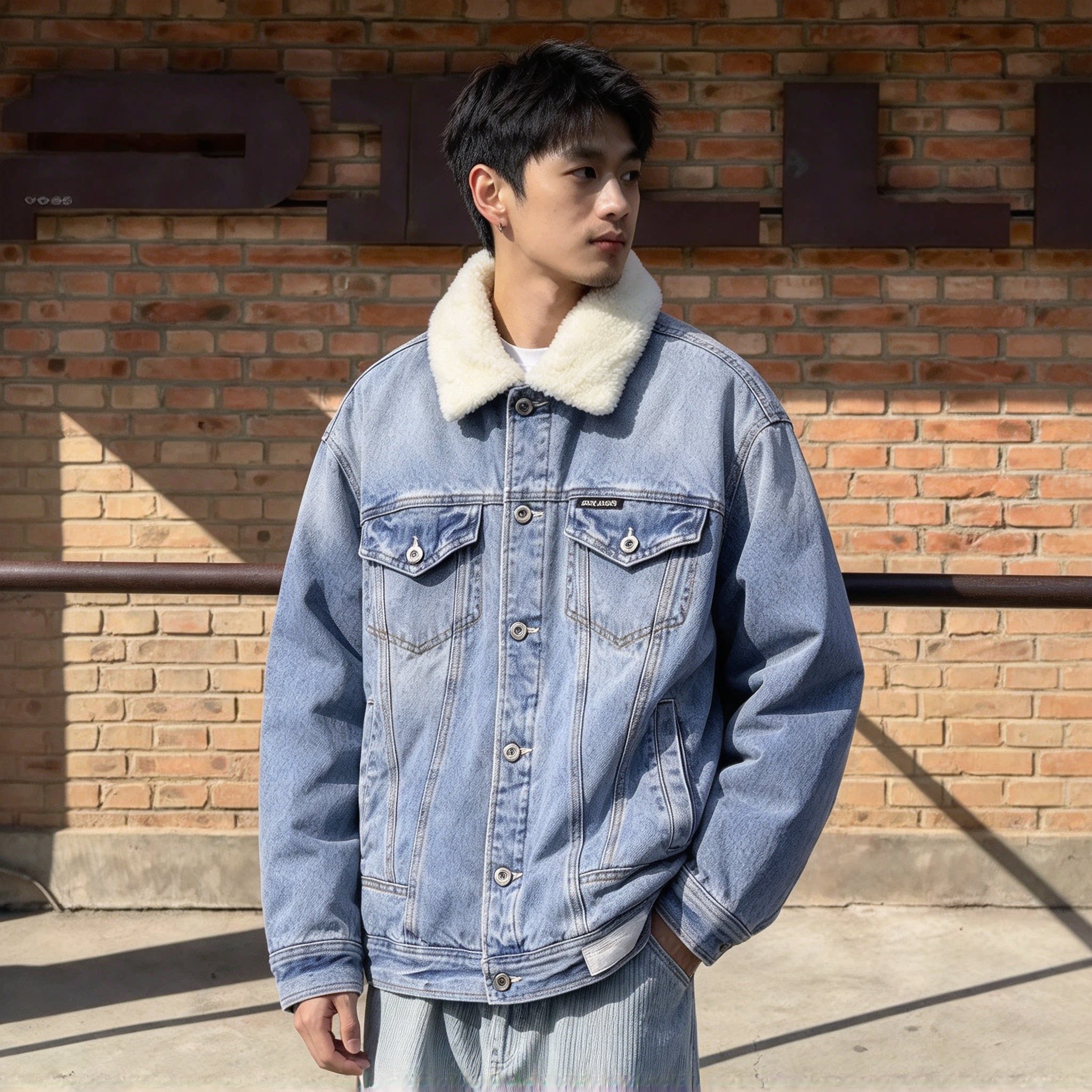 男女同款翻领牛仔棉服冬季加厚卡通绣花外套仿羊羔绒冬季男棉衣