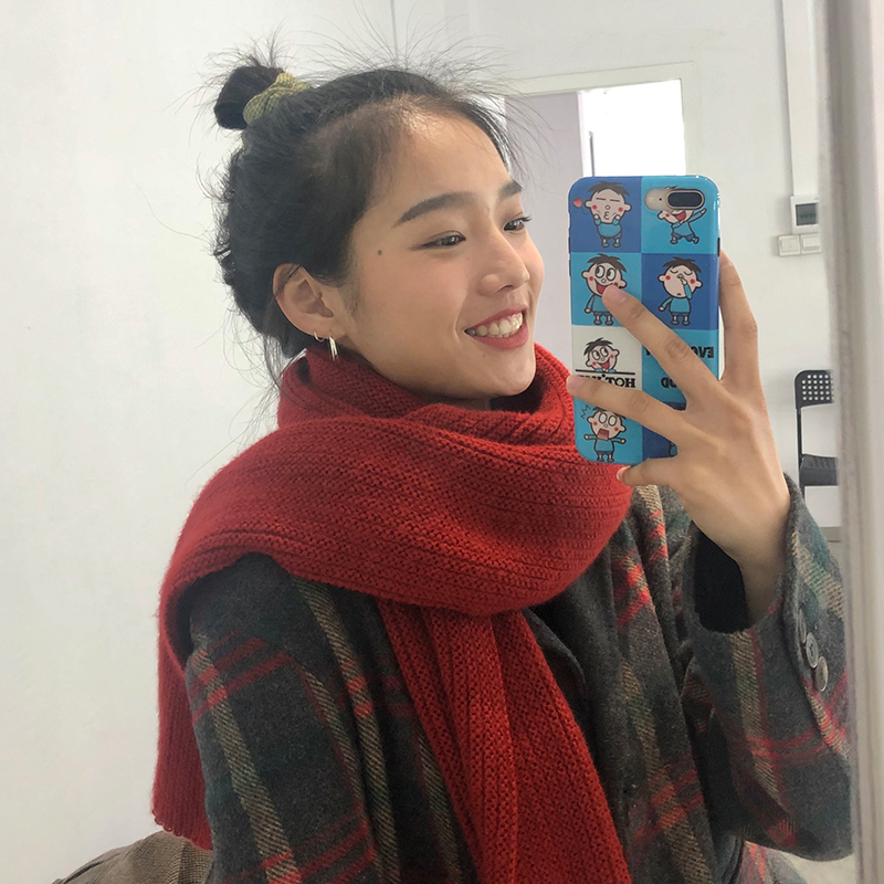 洋气酒红色围巾女秋冬韩版百搭