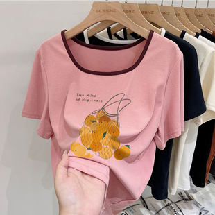 粉色短袖t恤女装胖mm大码宽松小众设计感u领正肩上衣（店日更新款
