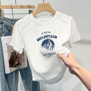 夏季设计感小众鱼骨正肩短袖t恤女胖mm大码女装上衣服