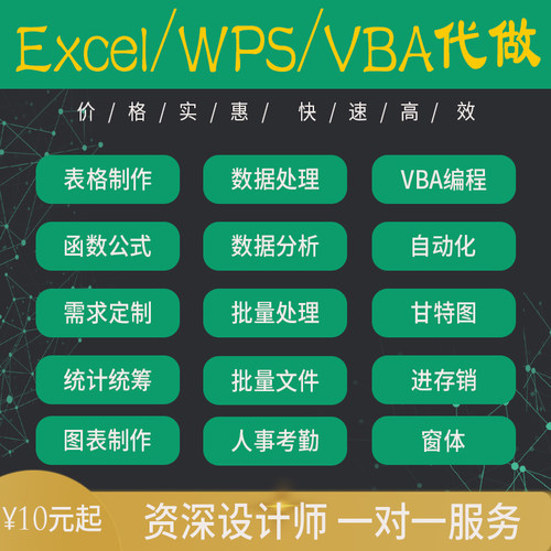 Excel表格制作wps公式函JS宏数据处理VBA宏程序图表定制网抓爬虫