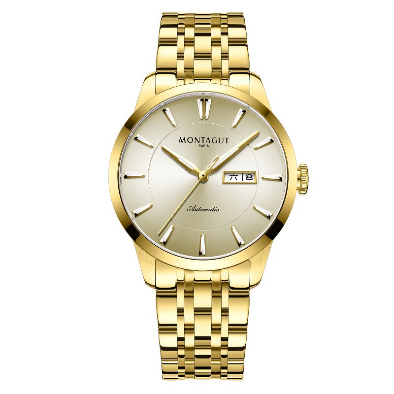 梦特娇montagut金色防水夜光日历陀飞轮自动机械男士手表送男友