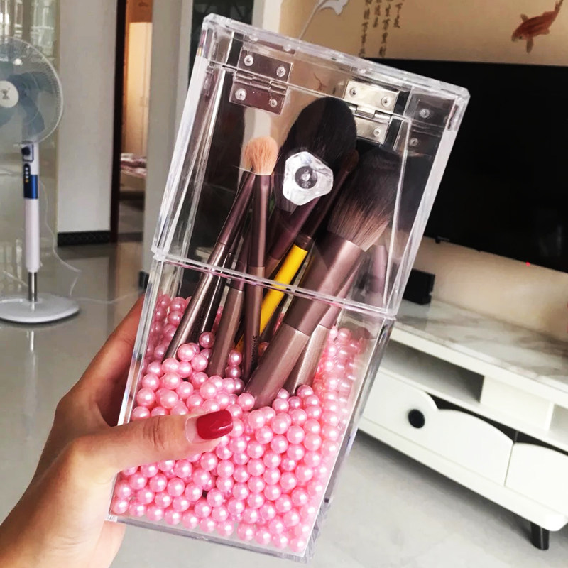 亚克力化妆刷收纳桶美妆刷子收纳盒精品笔刷筒刷具防尘有盖珍珠桶