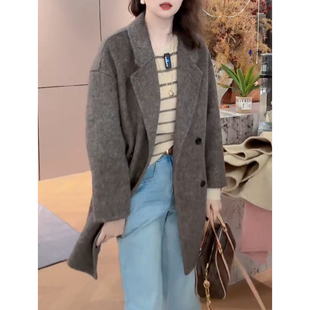 毛呢外套女2026年冬季韩版加厚双排扣小个子毛呢子中长款大衣女装